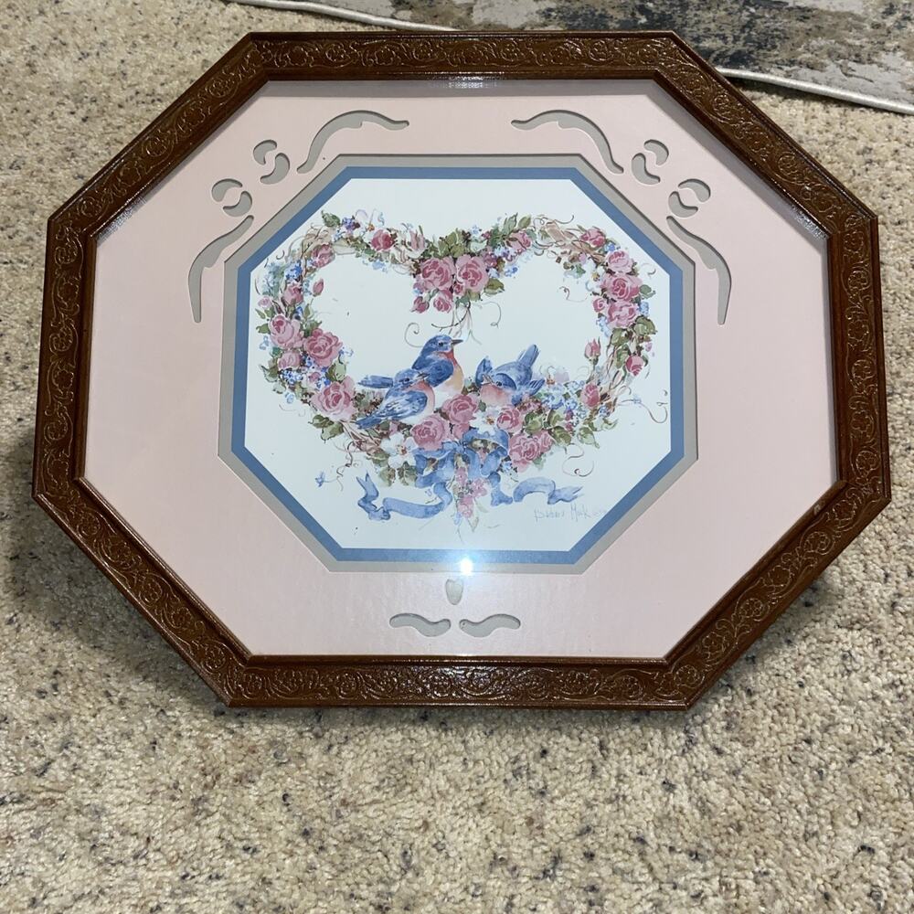 Barbara Mock 1991 Homco 3 Bluebirds & Heart Framed Print Cottagecore